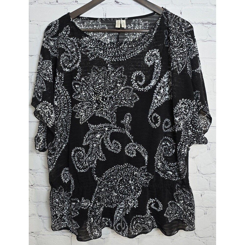 Madison Dressy Blouse Black and White Round Neck Business Classic Women's Sz Lg